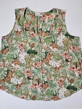 Rose & Olive Blouse Womens 2X Green Pink Tropical Floral Print Resortwear